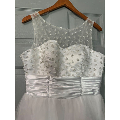 White Lace & Satin Sleeveless Dress With Pearl Detailing