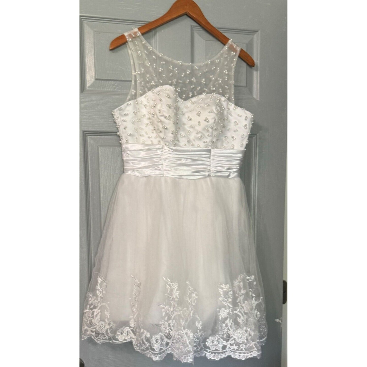 White Lace & Satin Sleeveless Dress With Pearl Detailing