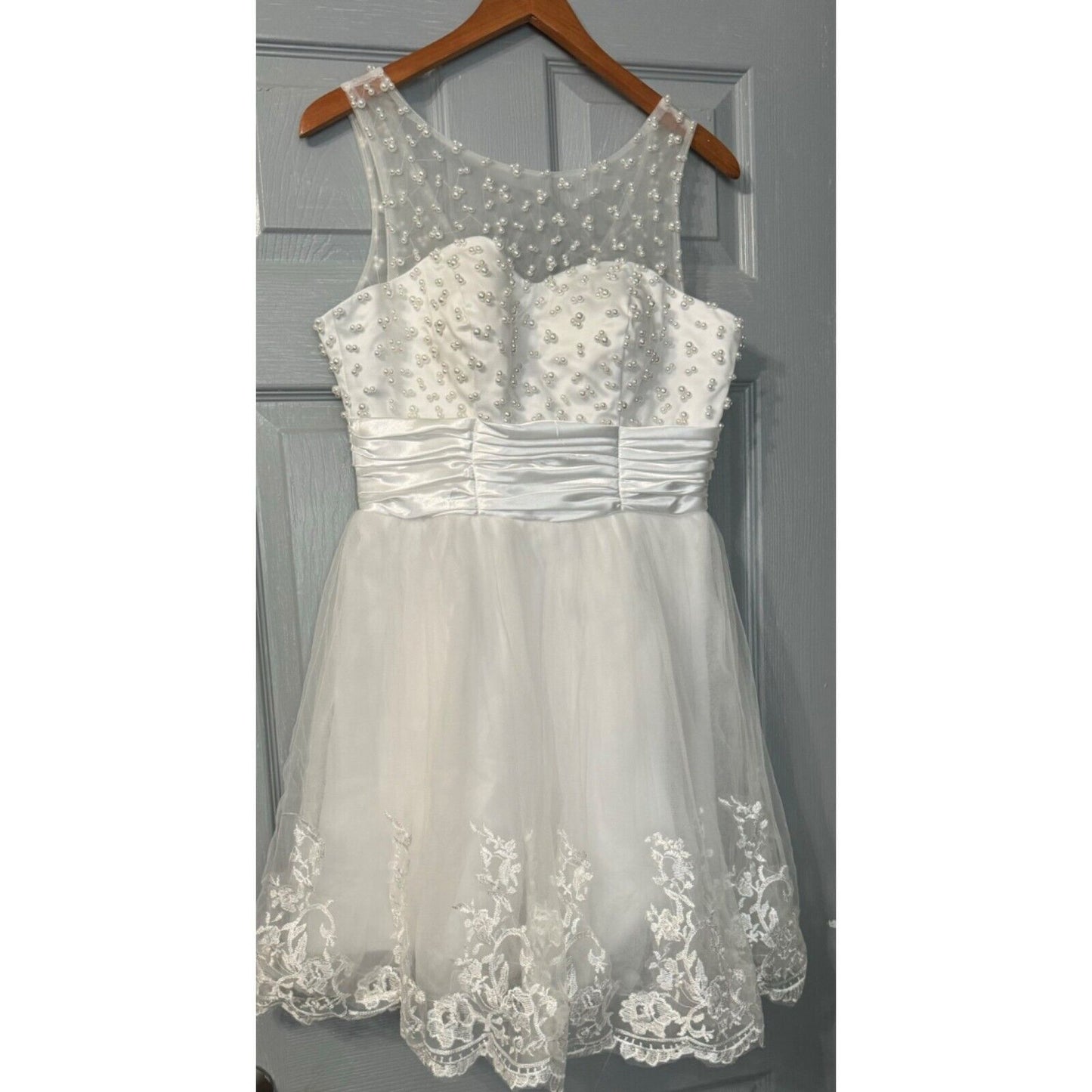 White Lace & Satin Sleeveless Dress With Pearl Detailing