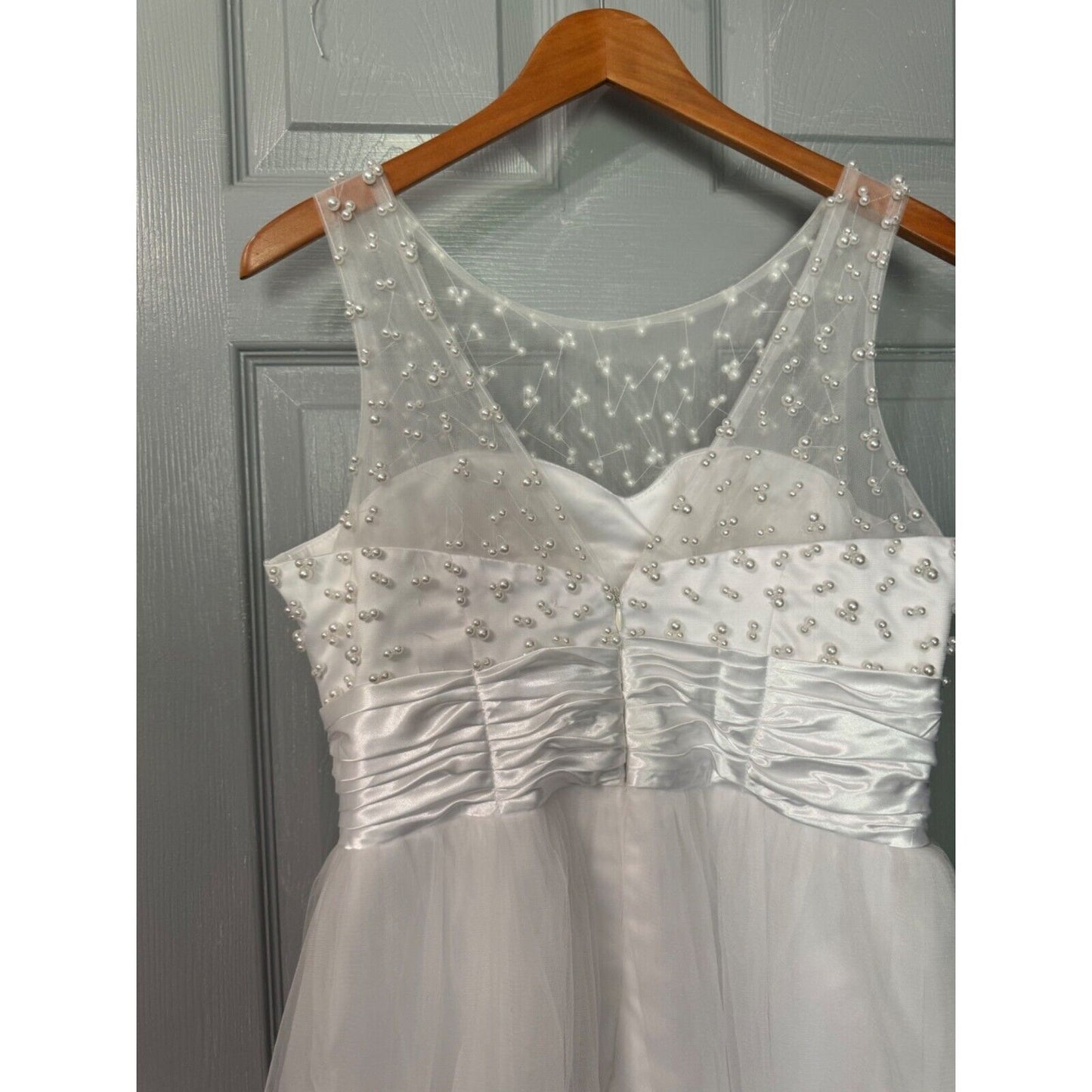 White Lace & Satin Sleeveless Dress With Pearl Detailing