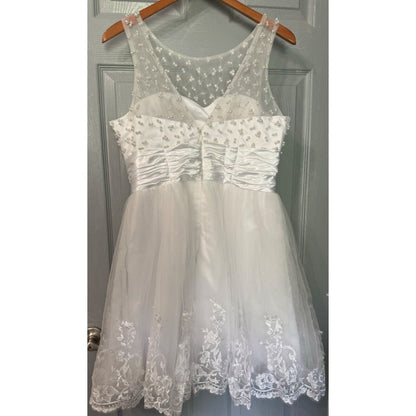 White Lace & Satin Sleeveless Dress With Pearl Detailing