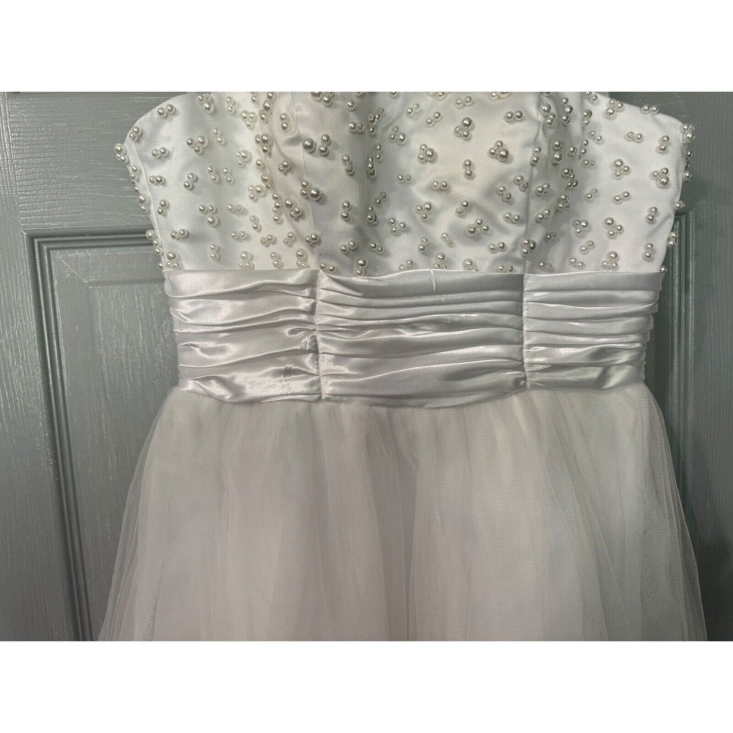 White Lace & Satin Sleeveless Dress With Pearl Detailing